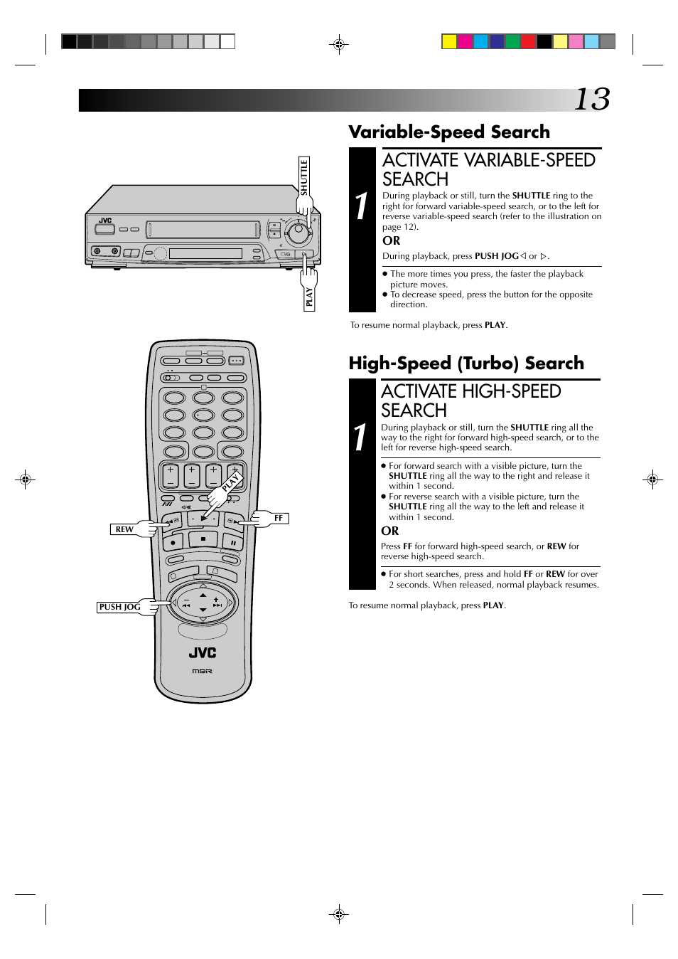 Activate variable-speed search, Activate high-speed search, Variable-speed search | High-speed (turbo) search | JVC HR-J435EK User Manual | Page 13 / 48
