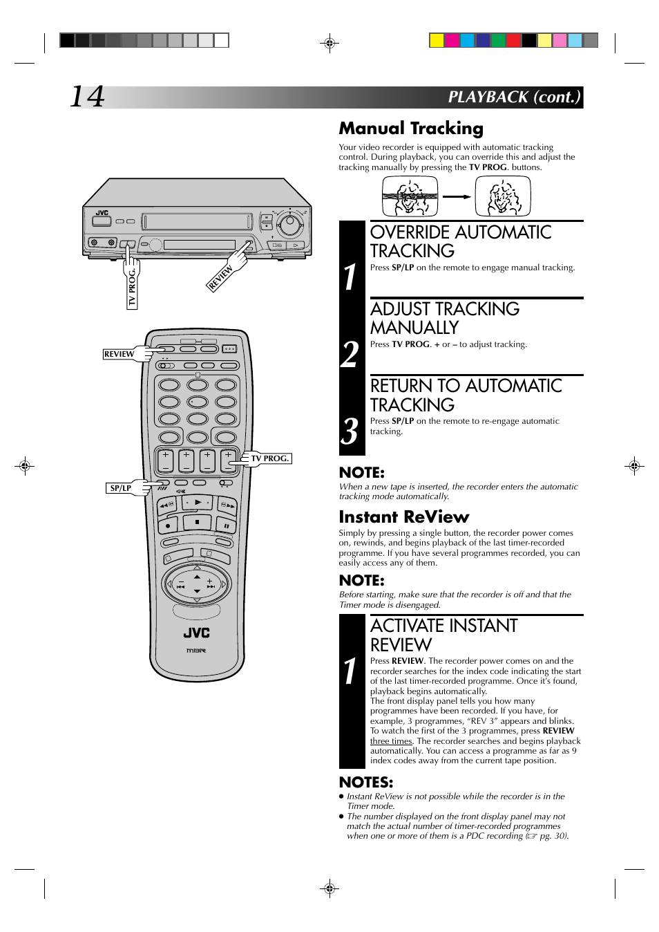 Override automatic tracking, Adjust tracking manually, Return to automatic tracking | Activate instant review, Manual tracking playback (cont.), Instant review | JVC HR-J435EK User Manual | Page 14 / 48