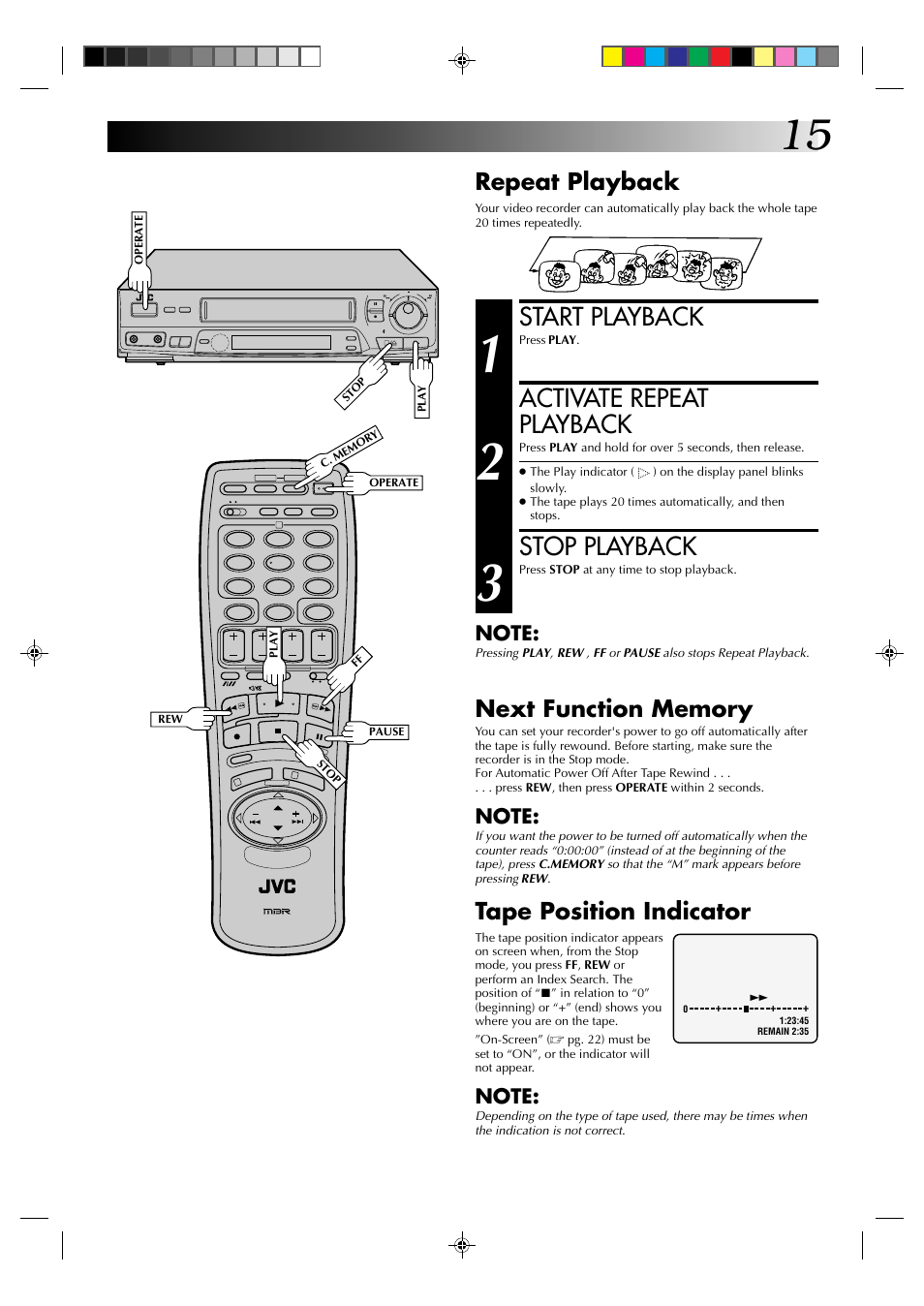 Start playback, Activate repeat playback, Stop playback | Repeat playback, Tape position indicator | JVC HR-J435EK User Manual | Page 15 / 48