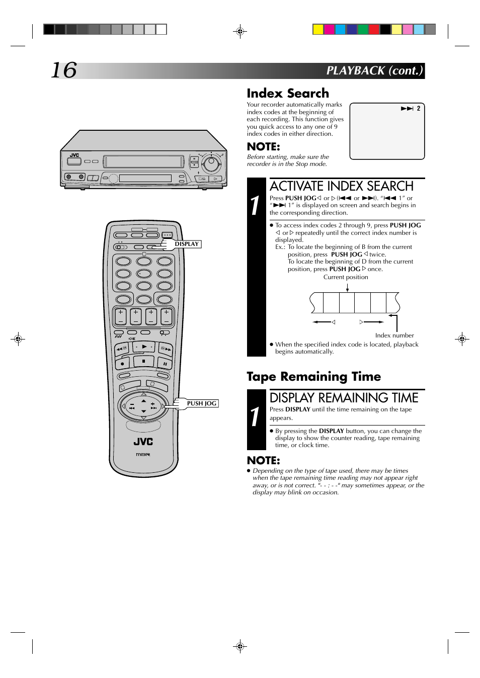 Activate index search, Display remaining time, Playback (cont.) index search | Tape remaining time | JVC HR-J435EK User Manual | Page 16 / 48