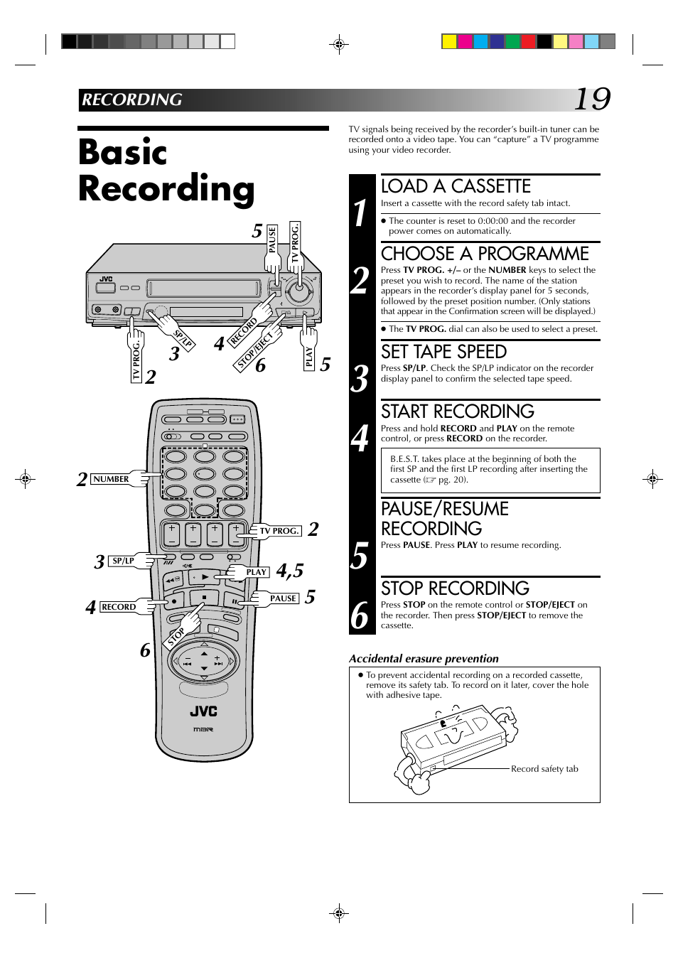 Basic recording, Load a cassette, Choose a programme | Set tape speed, Start recording, Pause/resume recording, Stop recording | JVC HR-J435EK User Manual | Page 19 / 48