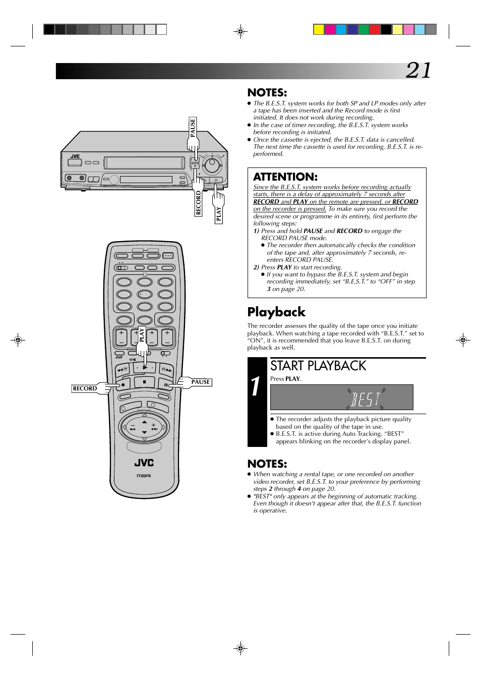 Start playback, Playback, Attention | JVC HR-J435EK User Manual | Page 21 / 48