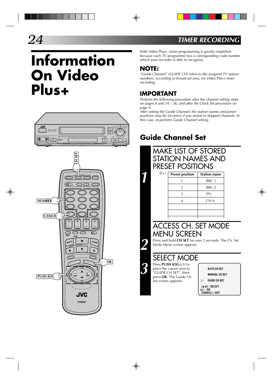 Information on video plus, Access ch. set mode menu screen, Select mode | Timer recording, Guide channel set | JVC HR-J435EK User Manual | Page 24 / 48