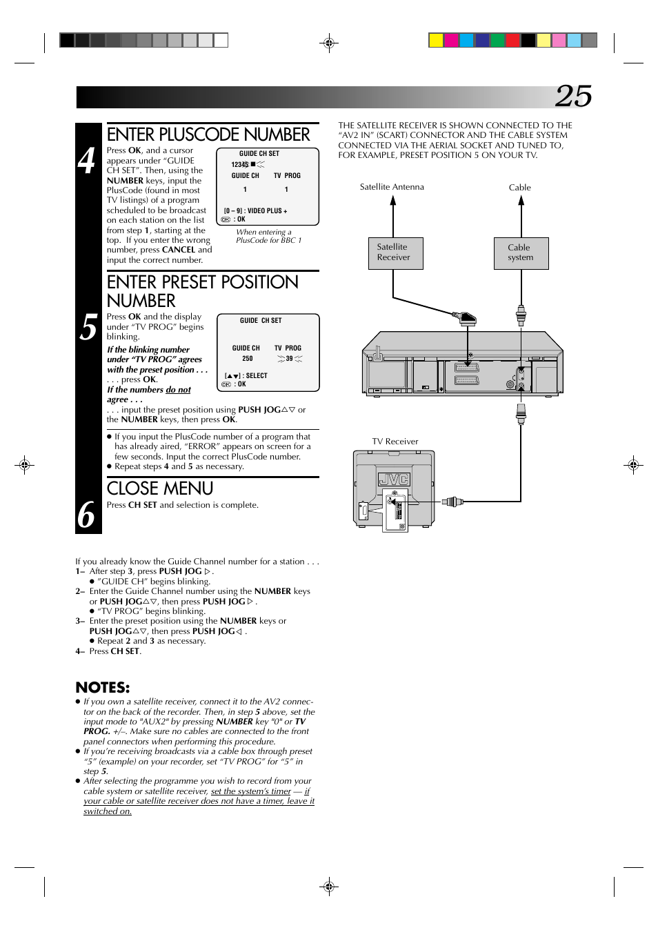 Enter pluscode number, Enter preset position number, Close menu | JVC HR-J435EK User Manual | Page 25 / 48