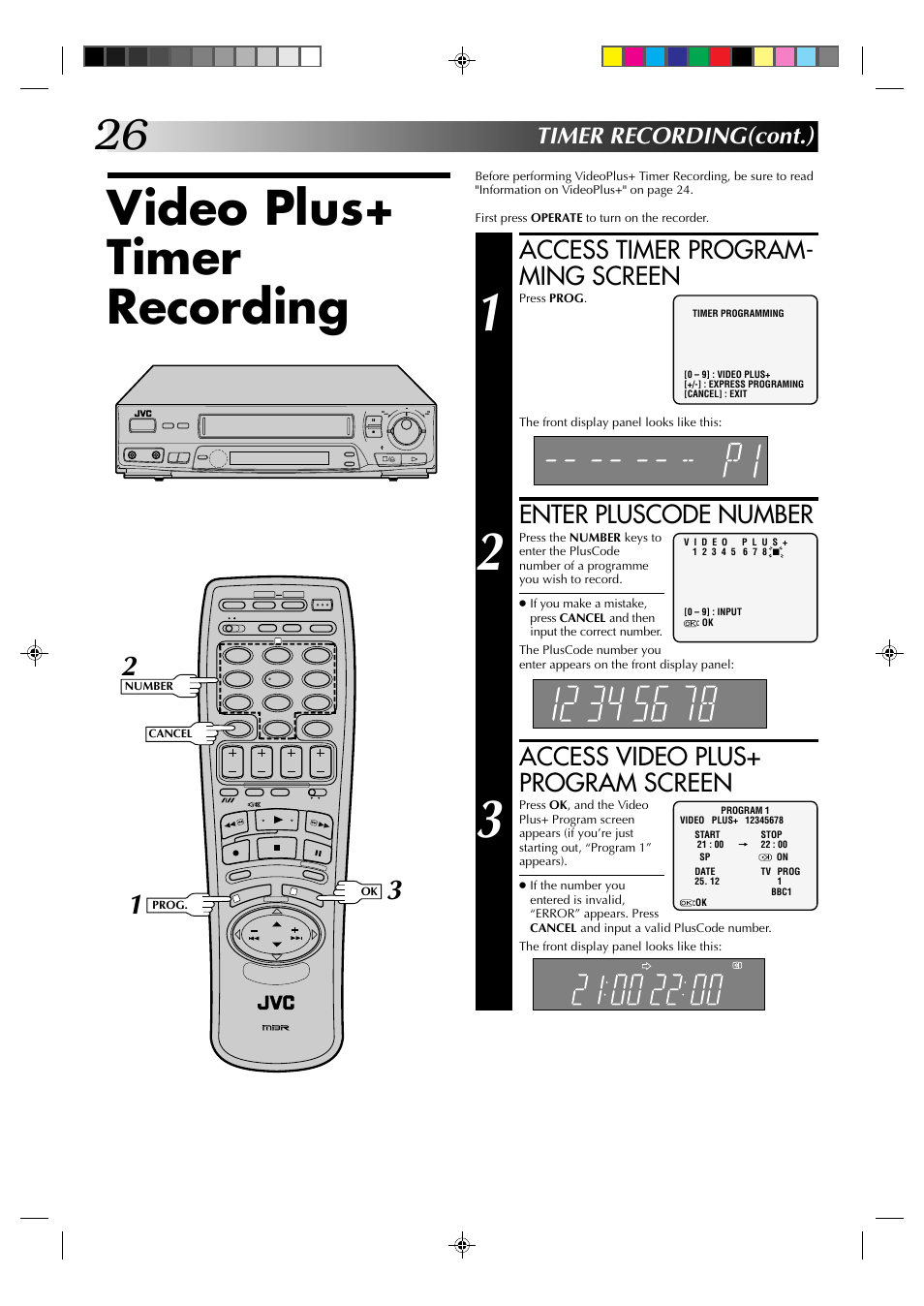 Video plus+ timer recording, Access timer program- ming screen, Enter pluscode number | Access video plus+ program screen, Timer recording(cont.) | JVC HR-J435EK User Manual | Page 26 / 48