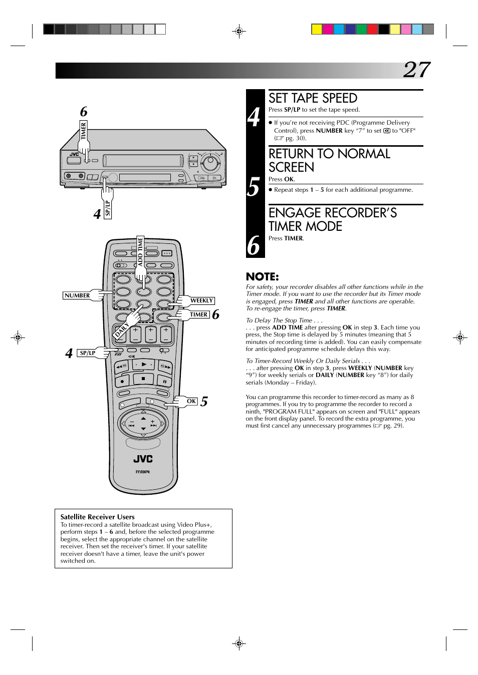 Set tape speed, Return to normal screen, Engage recorder’s timer mode | JVC HR-J435EK User Manual | Page 27 / 48