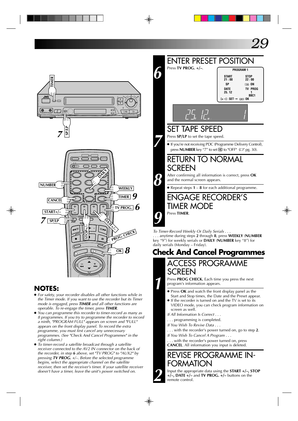 Enter preset position, Set tape speed, Return to normal screen | Engage recorder’s timer mode, Access programme screen, Revise programme in- formation, Check and cancel programmes | JVC HR-J435EK User Manual | Page 29 / 48