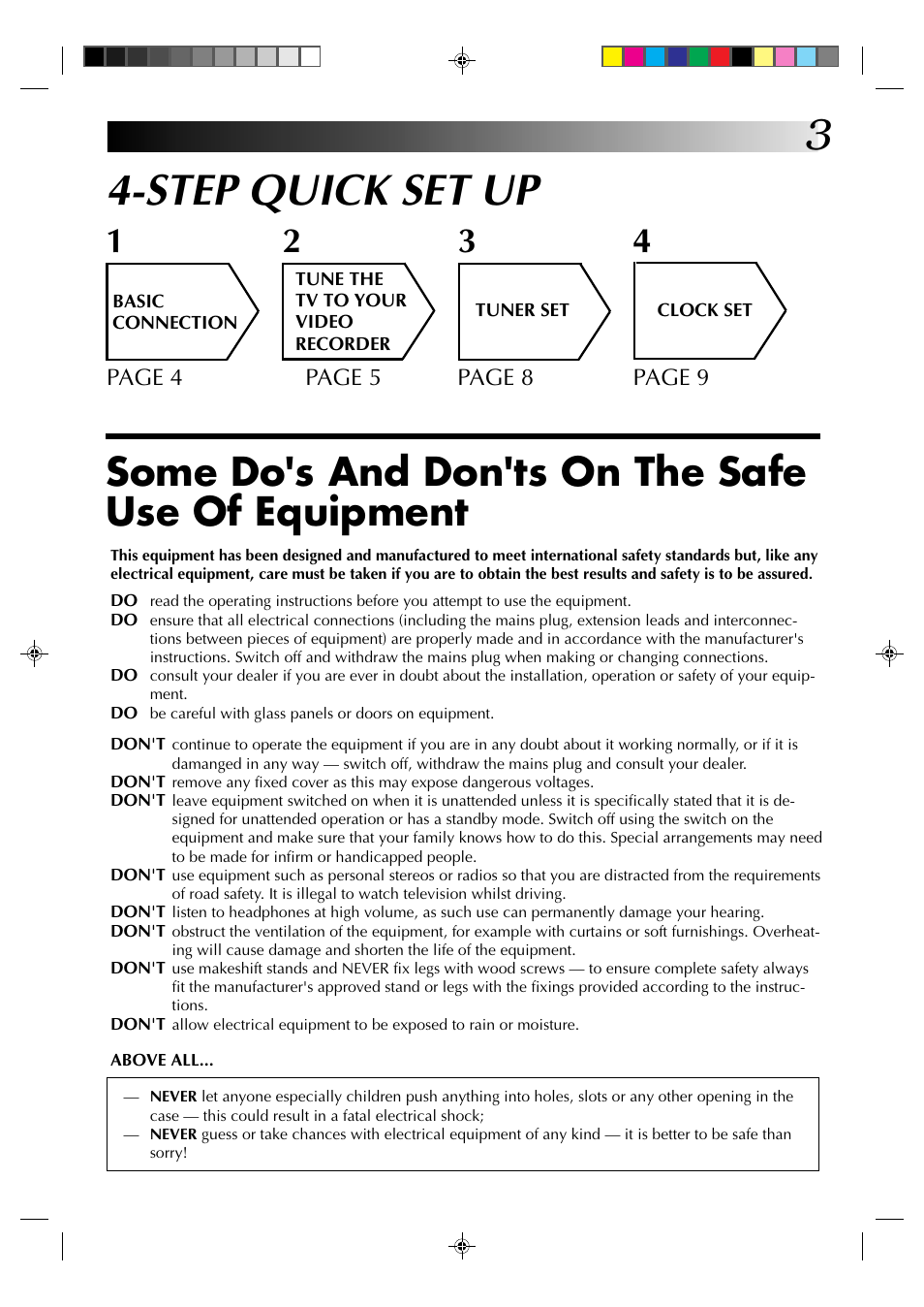 Step quick set up, Some do's and don'ts on the safe use of equipment | JVC HR-J435EK User Manual | Page 3 / 48