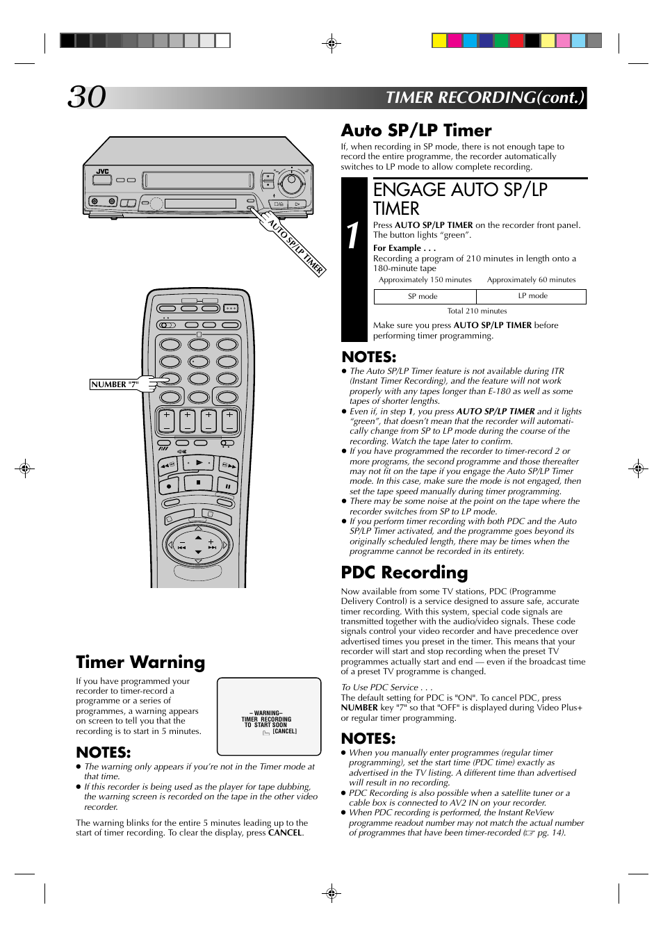 Engage auto sp/lp timer, Timer recording(cont.) auto sp/lp timer, Pdc recording | Timer warning | JVC HR-J435EK User Manual | Page 30 / 48