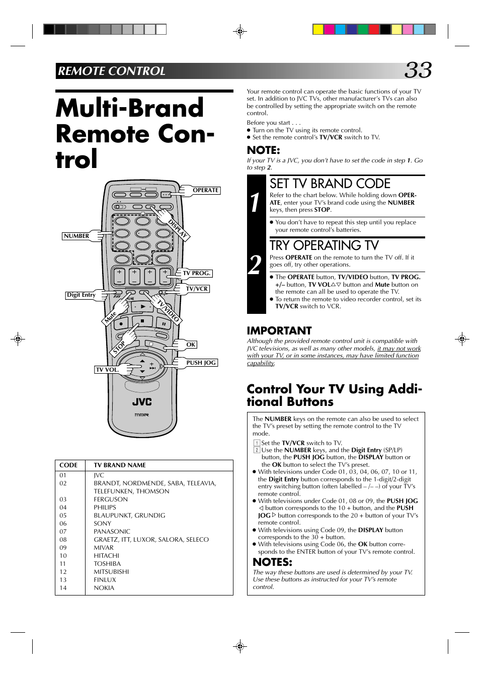 Multi-brand remote con- trol, Set tv brand code, Try operating tv | Remote control, Control your tv using addi- tional buttons, Important | JVC HR-J435EK User Manual | Page 33 / 48