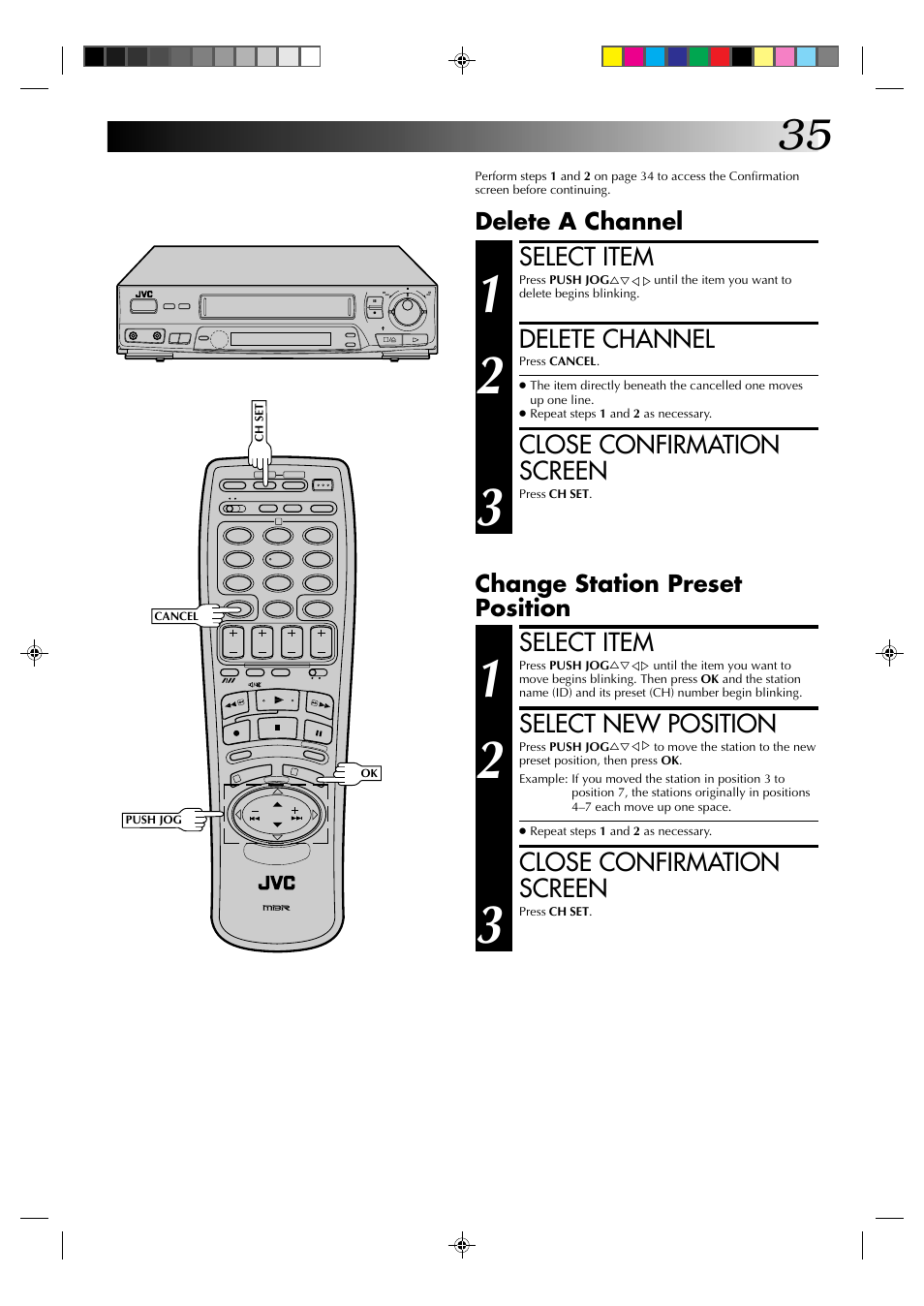 Select item, Delete channel, Close confirmation screen | Select new position, Delete a channel, Change station preset position | JVC HR-J435EK User Manual | Page 35 / 48