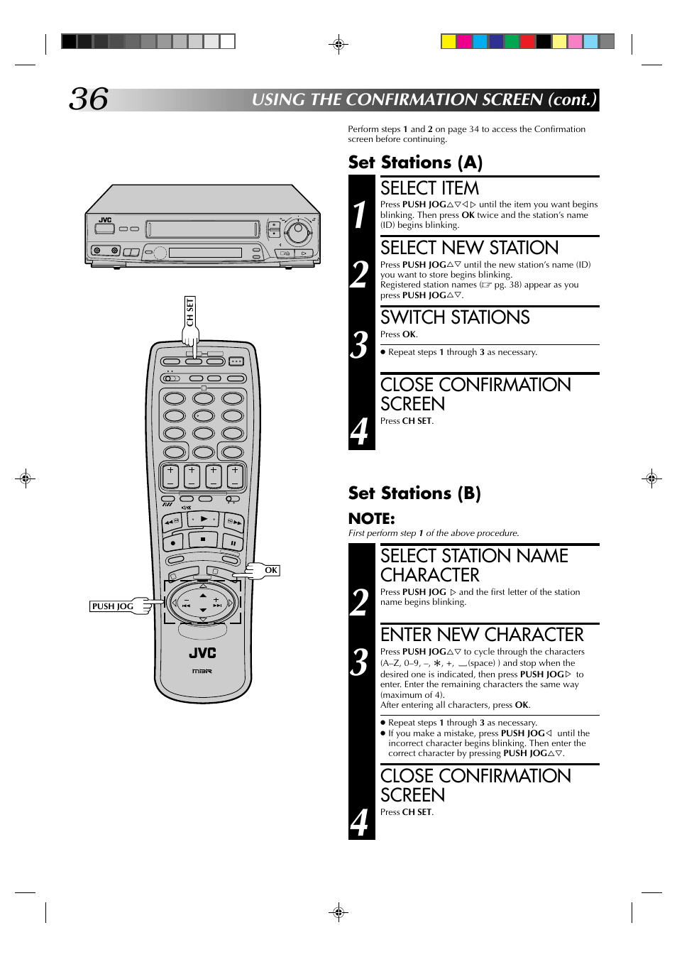 Select item, Select new station, Switch stations | Close confirmation screen, Select station name character, Enter new character, Using the confirmation screen (cont.), Set stations (b), Set stations (a) | JVC HR-J435EK User Manual | Page 36 / 48