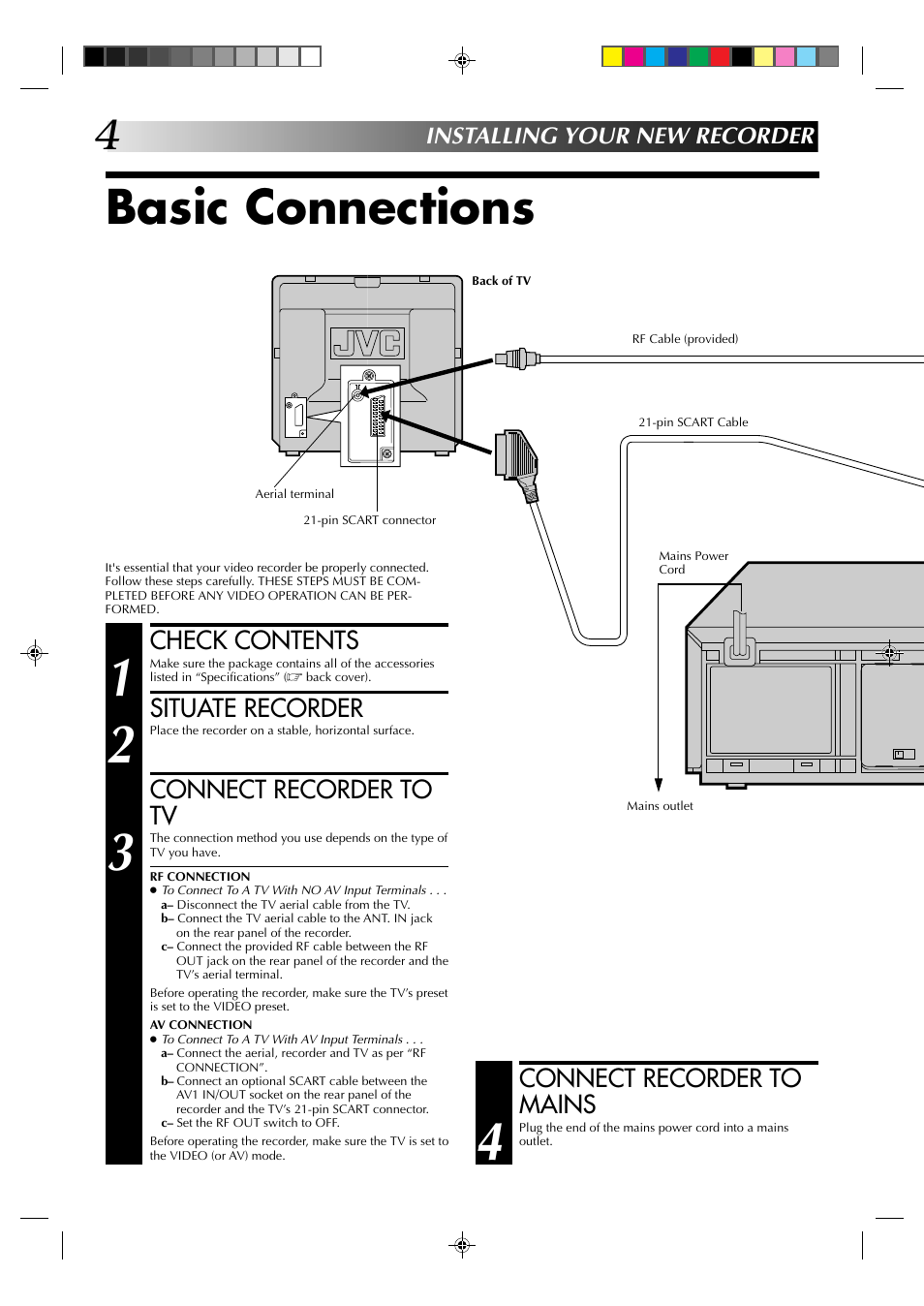 Basic connections, Check contents, Situate recorder | Connect recorder to tv, Connect recorder to mains, Installing your new recorder | JVC HR-J435EK User Manual | Page 4 / 48