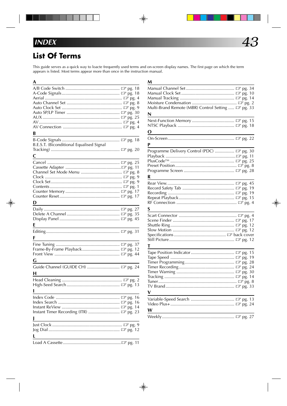 Index list of terms | JVC HR-J435EK User Manual | Page 43 / 48