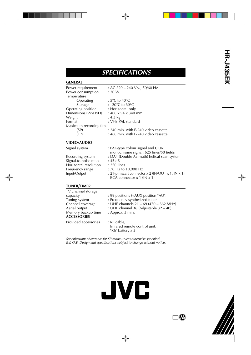 Hr-j435ek, Specifications | JVC HR-J435EK User Manual | Page 48 / 48