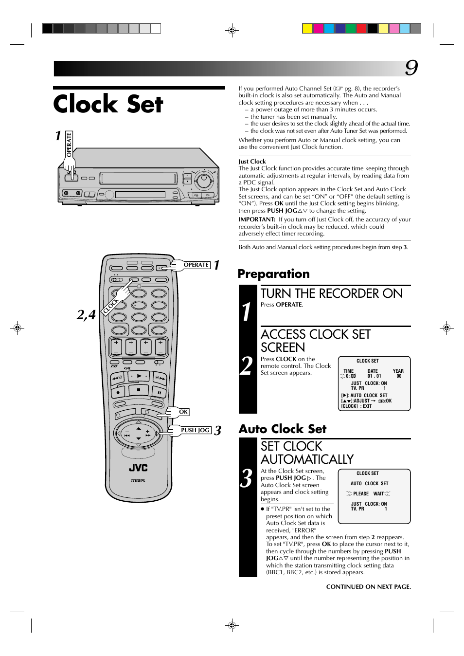 Clock set, Turn the recorder on, Access clock set screen | Set clock automatically, Preparation, Auto clock set | JVC HR-J435EK User Manual | Page 9 / 48