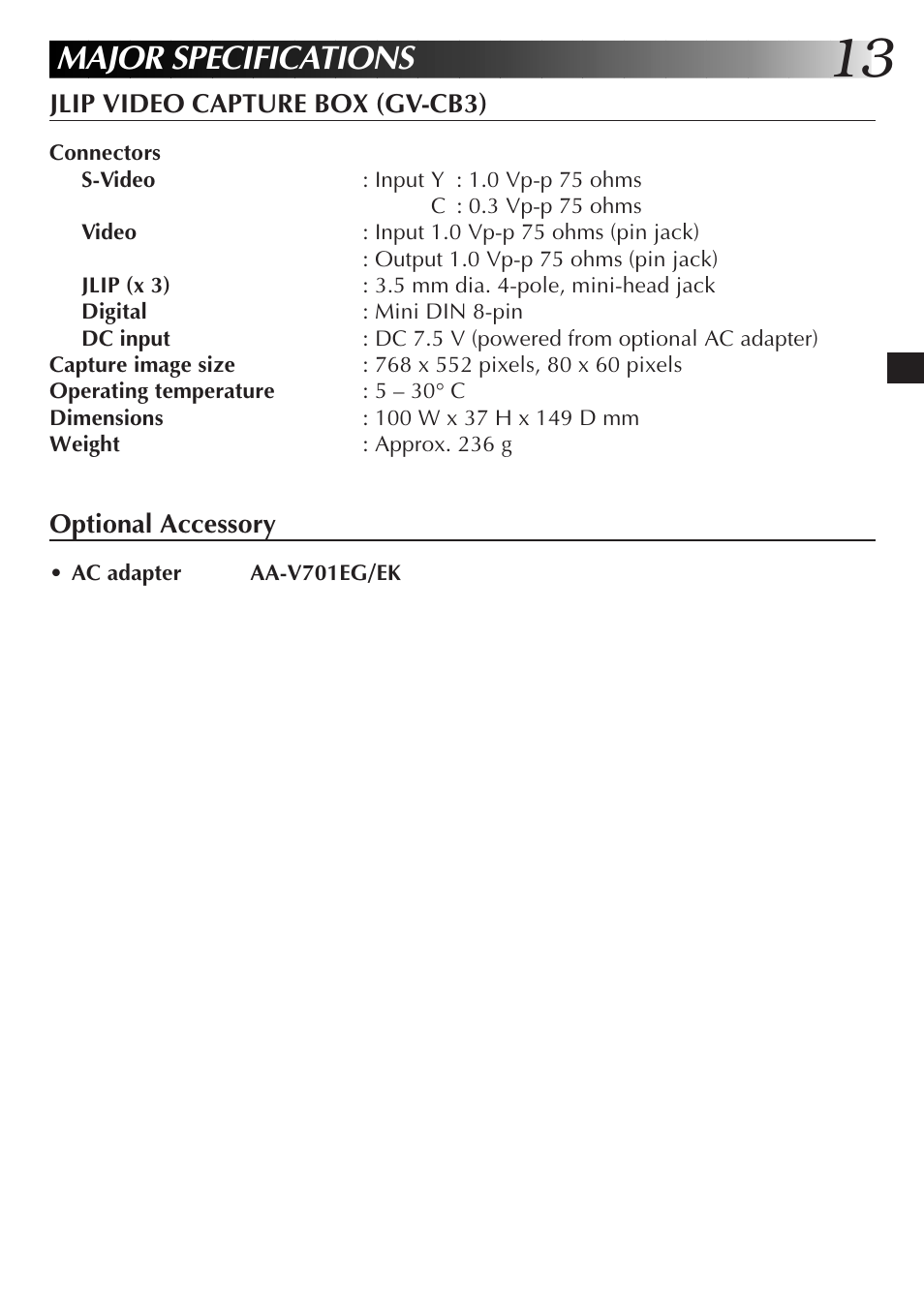 Major specifications | JVC JLIP Video Capture Box GV-CB3E User Manual | Page 13 / 14