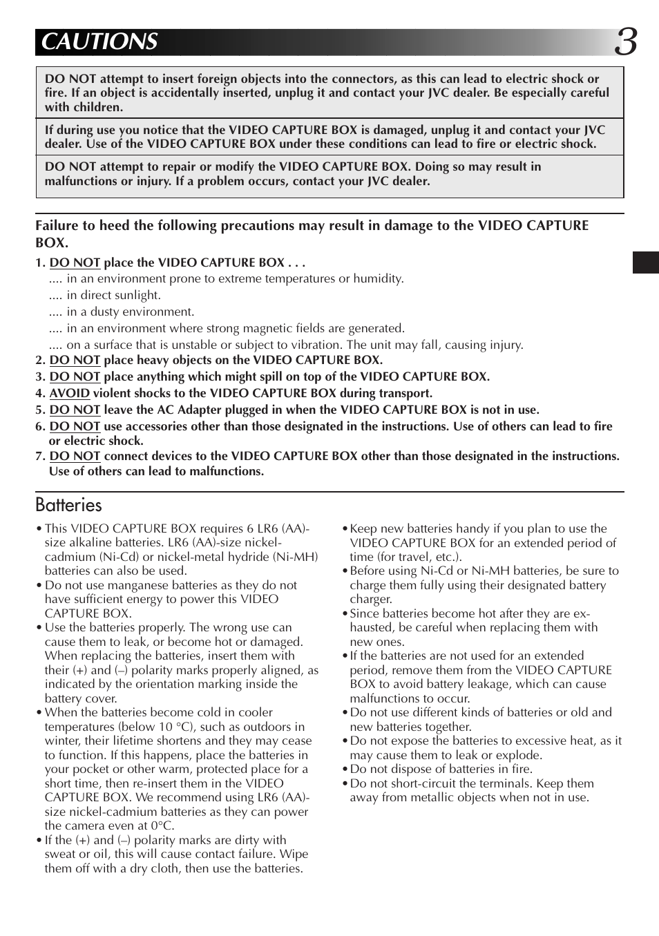 Cautions, Batteries | JVC JLIP Video Capture Box GV-CB3E User Manual | Page 3 / 14