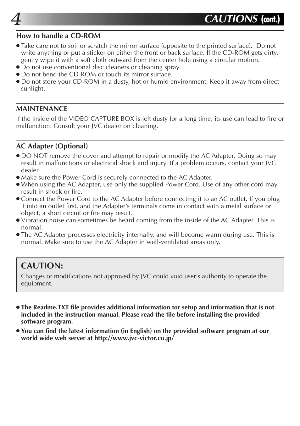 Cautions, Cont.), Caution | JVC JLIP Video Capture Box GV-CB3E User Manual | Page 4 / 14