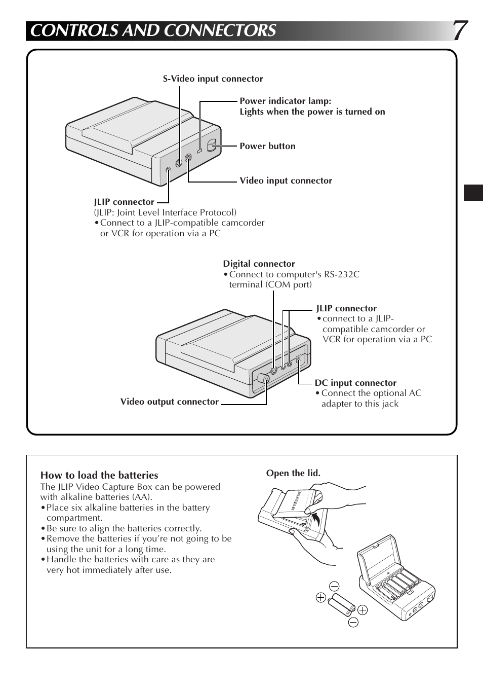 Controls and connectors | JVC JLIP Video Capture Box GV-CB3E User Manual | Page 7 / 14