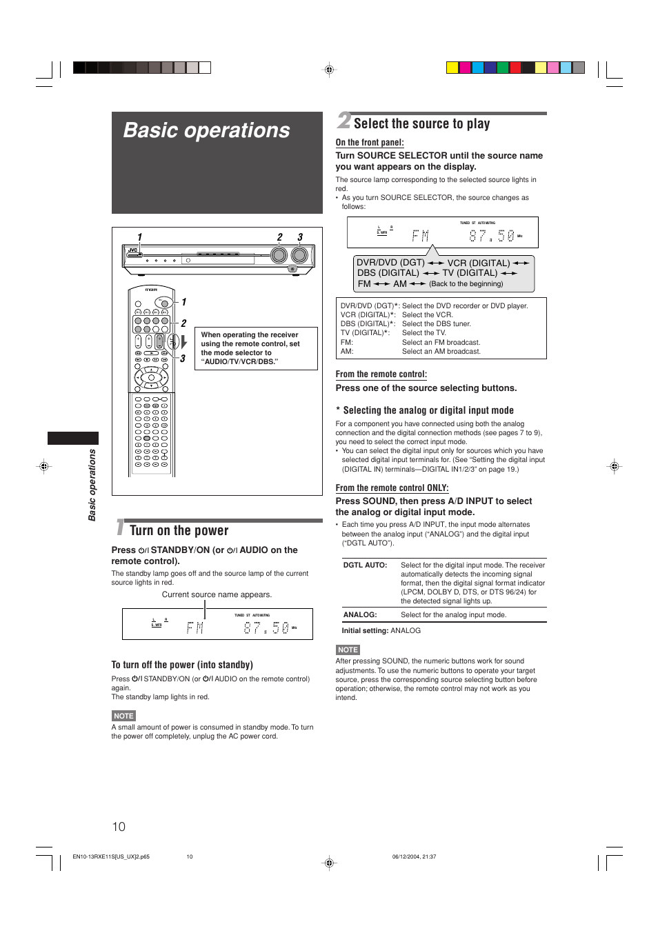 Basic operations, Select the source to play, Turn on the power | Selecting the analog or digital input mode | JVC RX-E11S User Manual | Page 12 / 41