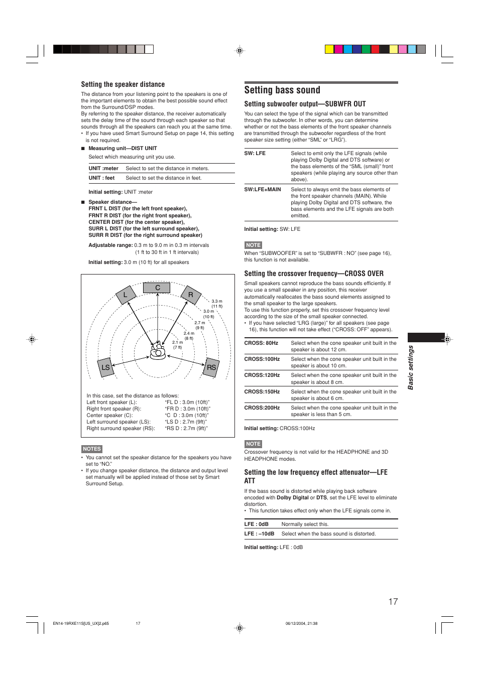 Setting bass sound, Setting the speaker distance, Setting subwoofer output—subwfr out | Setting the crossover frequency—cross over | JVC RX-E11S User Manual | Page 19 / 41