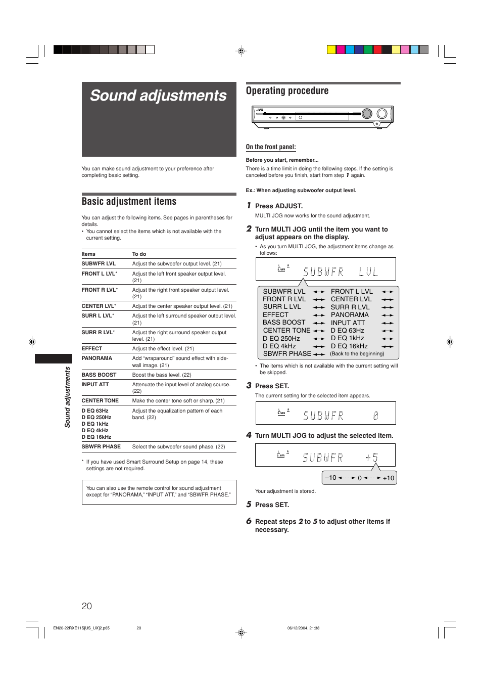 Sound adjustments, Basic adjustment items, Operating procedure | On the front panel, Press adjust, Press set, Turn multi jog to adjust the selected item, Subwfr lvl front l lvl surr l lvl surr r lvl | JVC RX-E11S User Manual | Page 22 / 41