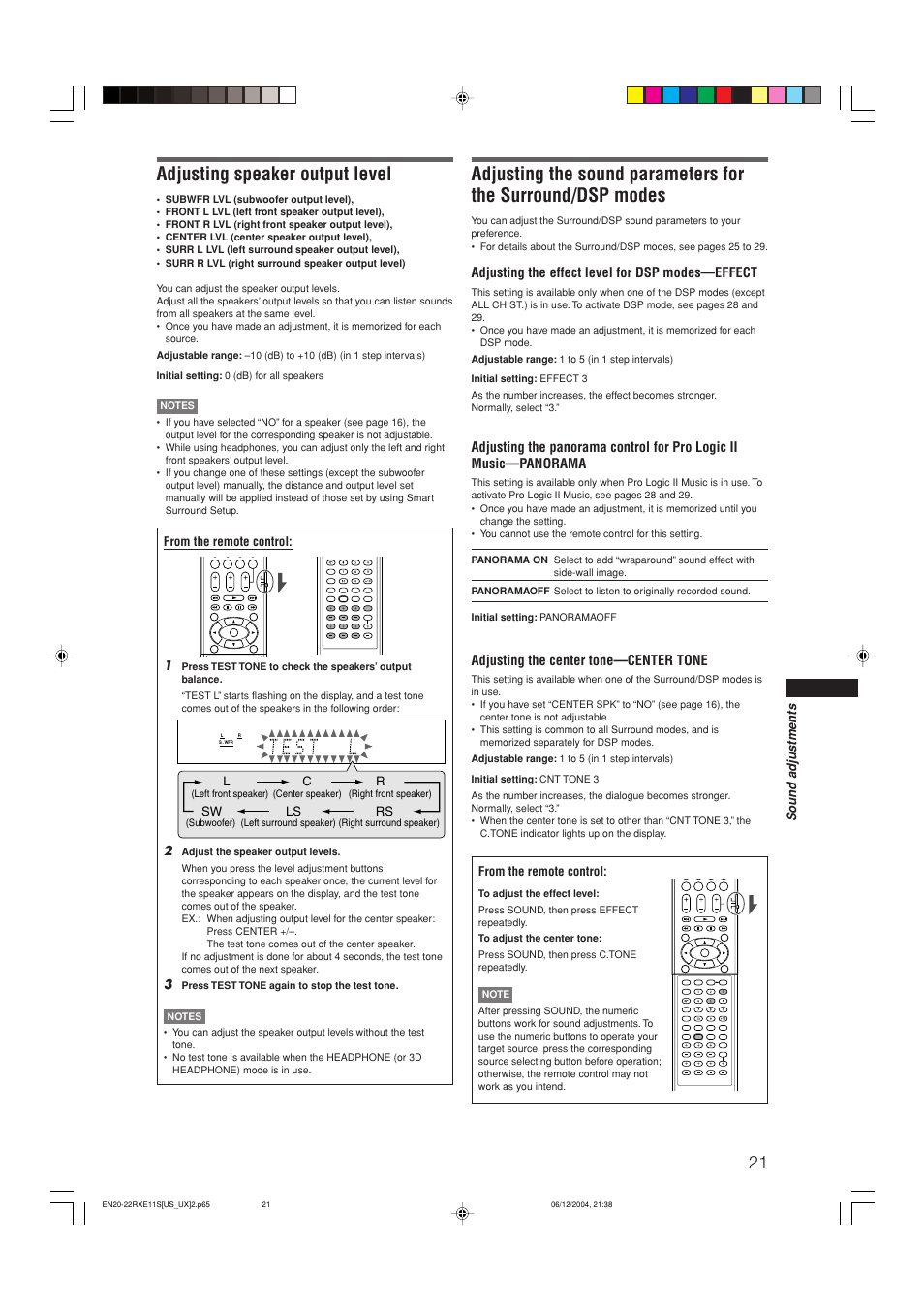Adjusting speaker output level, Adjusting the effect level for dsp modes—effect, Adjusting the center tone—center tone | JVC RX-E11S User Manual | Page 23 / 41