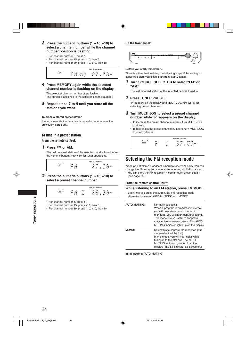 Selecting the fm reception mode, Tuner operations, Press fm or am | On the front panel, Turn source selector to select “fm” or “am, Press tuner preset | JVC RX-E11S User Manual | Page 26 / 41
