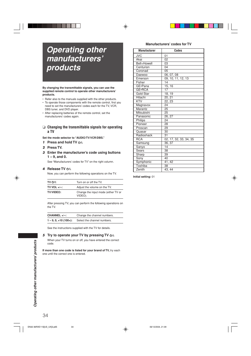 Operating other manufacturers’ products | JVC RX-E11S User Manual | Page 36 / 41