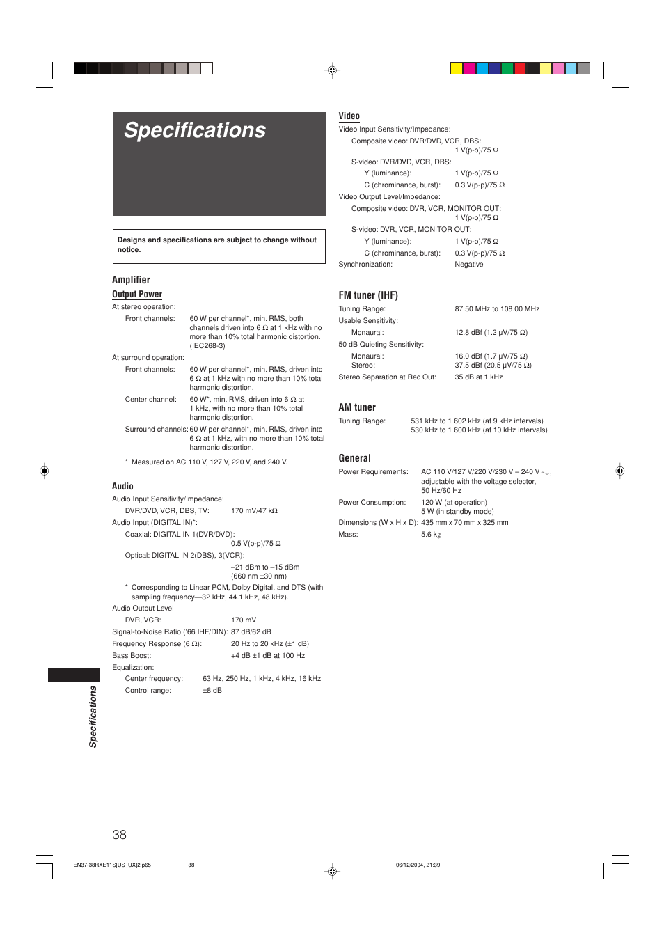 Specifications, Amplifier, Fm tuner (ihf) | Am tuner, General | JVC RX-E11S User Manual | Page 40 / 41