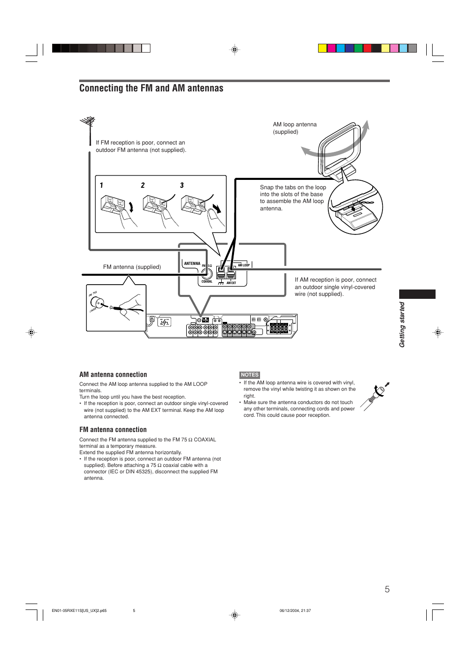 Connecting the fm and am antennas, Am antenna connection, Fm antenna connection | Getting star ted | JVC RX-E11S User Manual | Page 7 / 41