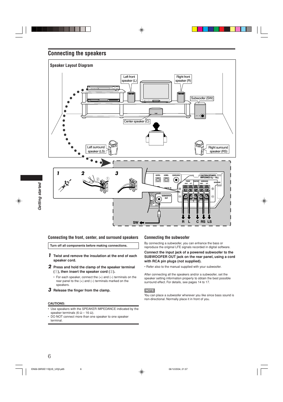 Connecting the speakers, Speaker layout diagram connecting the subwoofer | JVC RX-E11S User Manual | Page 8 / 41