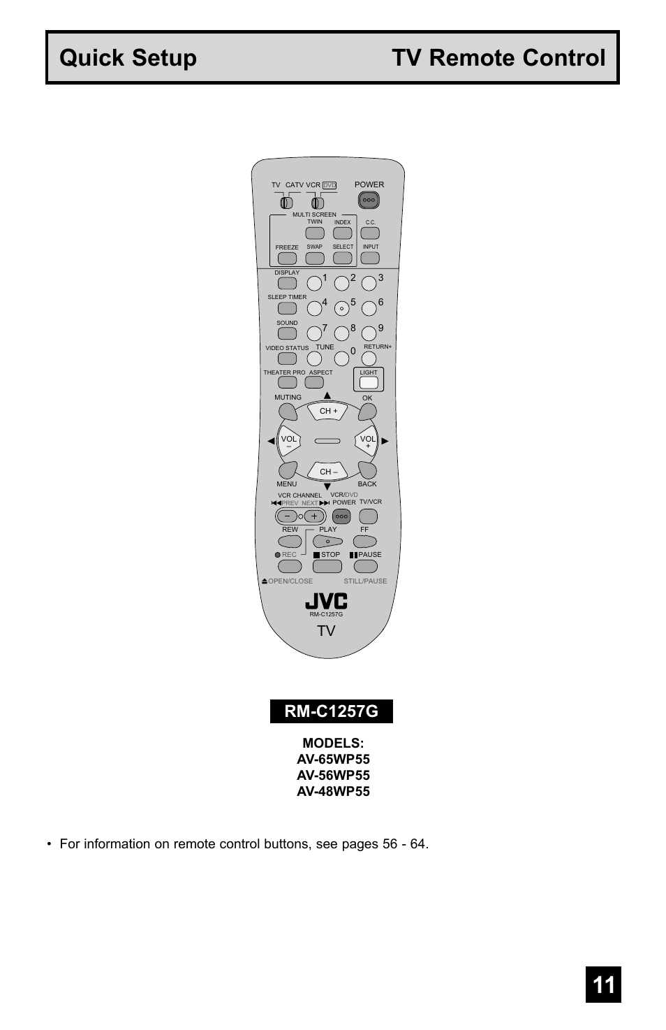 Quick setup tv remote control, Rm-c1257g | JVC AV-48WP55 User Manual | Page 11 / 72