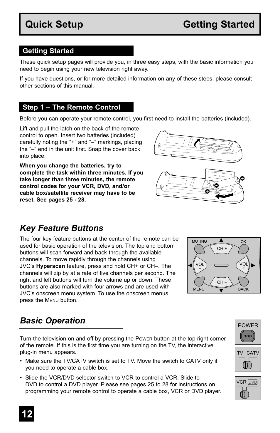 Quick setup getting started, Key feature buttons, Basic operation | Getting started step 1 – the remote control | JVC AV-48WP55 User Manual | Page 12 / 72