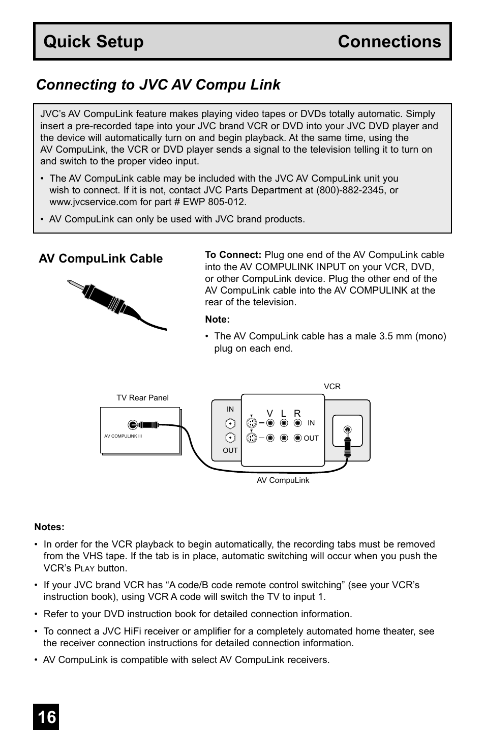 Quick setup connections, Connecting to jvc av compu link, Av compulink cable | JVC AV-48WP55 User Manual | Page 16 / 72