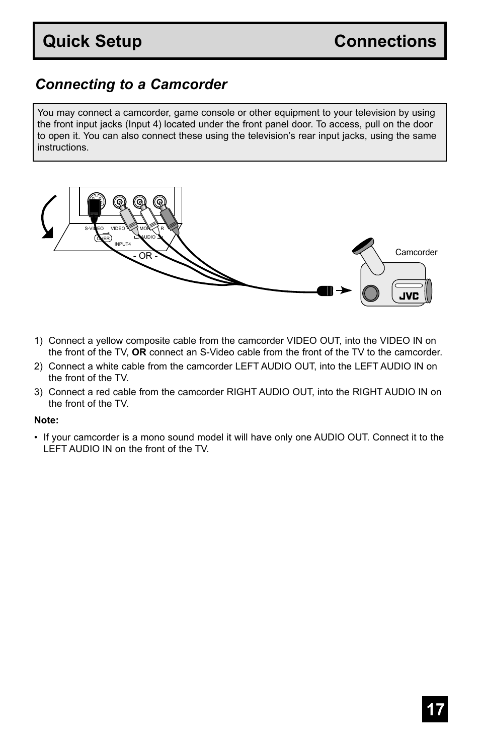 16 17 quick setup connections, Connecting to a camcorder | JVC AV-48WP55 User Manual | Page 17 / 72