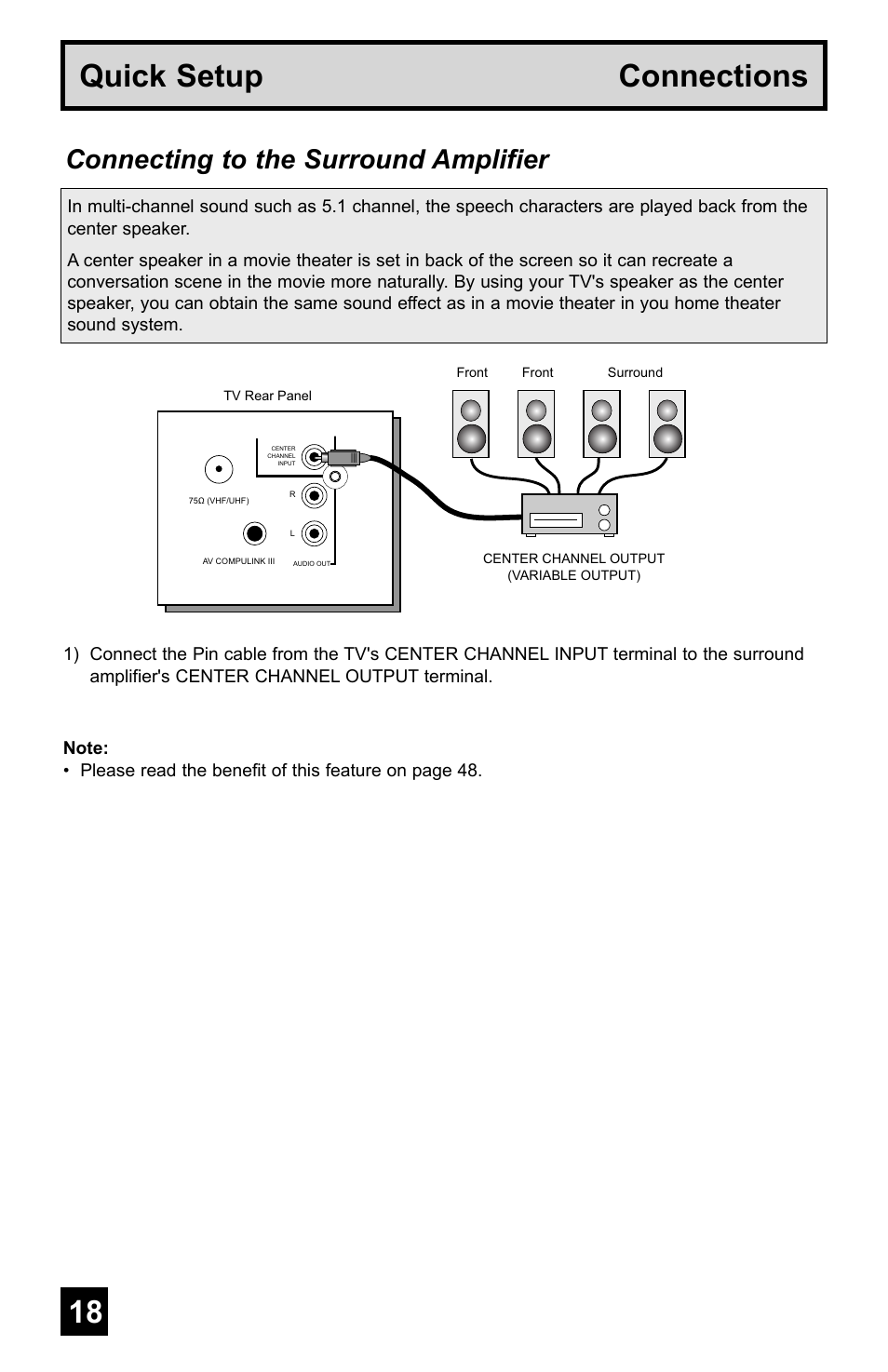 18 19 quick setup connections, Connecting to the surround amplifier | JVC AV-48WP55 User Manual | Page 18 / 72