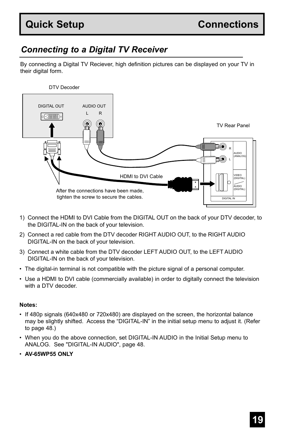 18 19 quick setup connections, Connecting to a digital tv receiver | JVC AV-48WP55 User Manual | Page 19 / 72