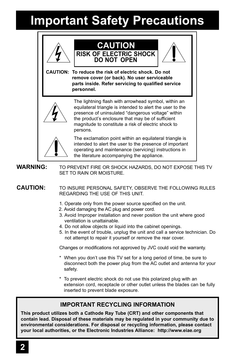 Important safety precautions, Caution, Risk of electric shock do not open | JVC AV-48WP55 User Manual | Page 2 / 72