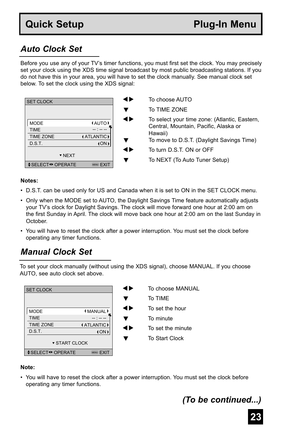 Quick setup plug-in menu, Manual clock set, Auto clock set (to be continued...) | JVC AV-48WP55 User Manual | Page 23 / 72