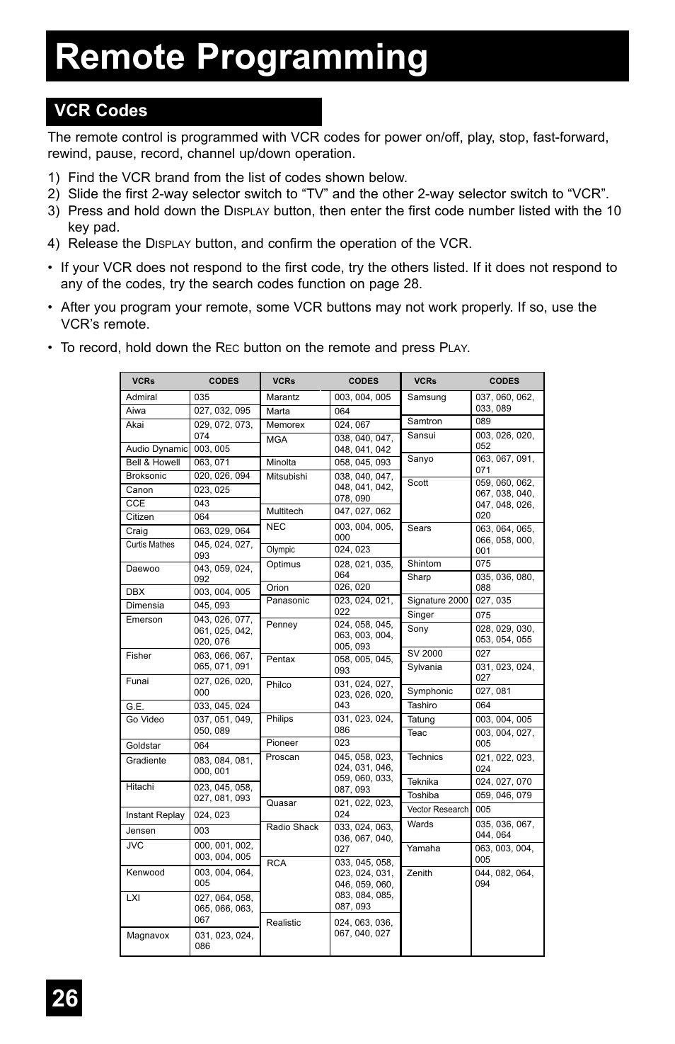 Remote programming, Vcr codes, Button on the remote and press p | JVC AV-48WP55 User Manual | Page 26 / 72