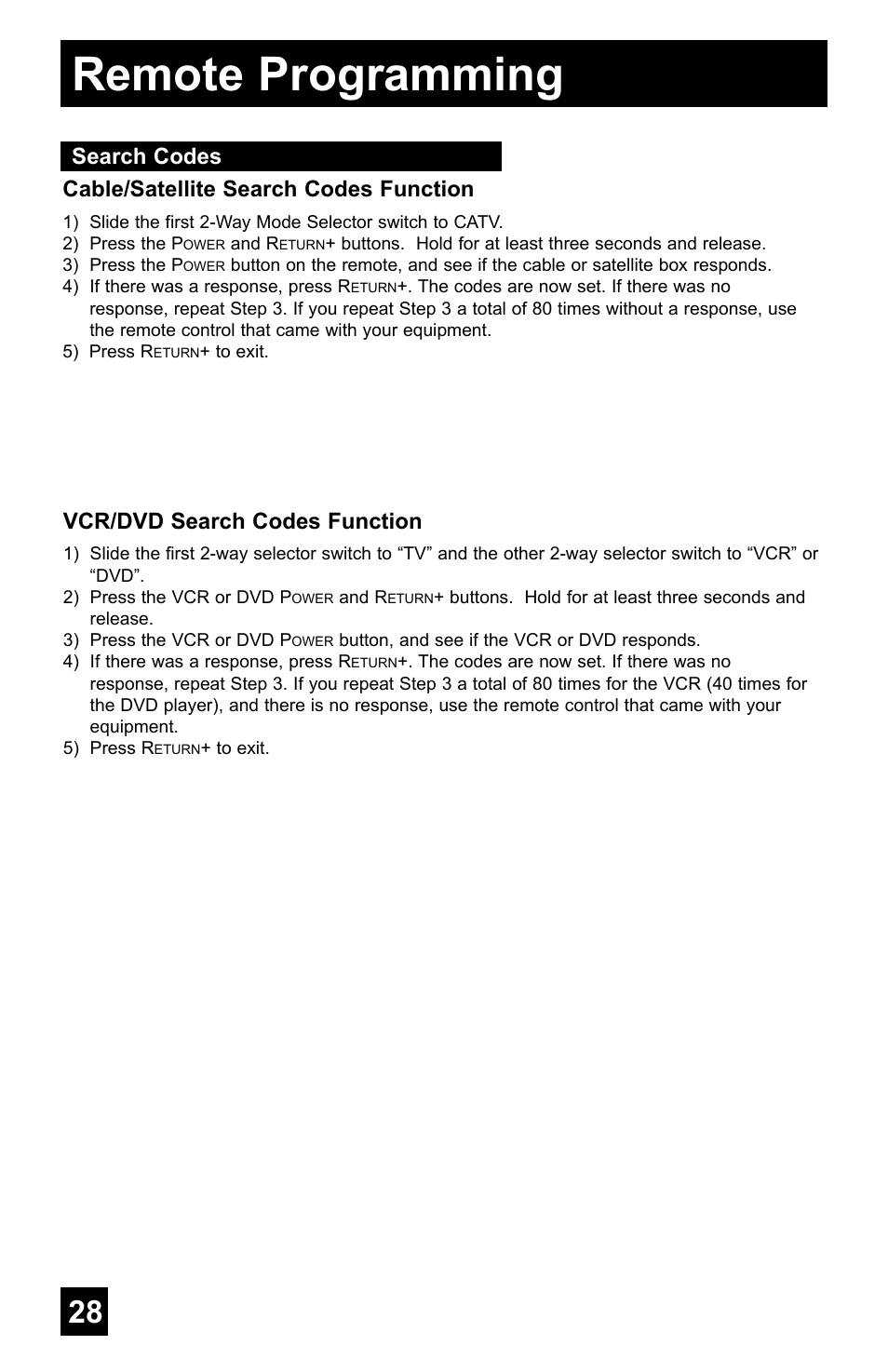 Remote programming, Cable/satellite search codes function, Vcr/dvd search codes function | Search codes | JVC AV-48WP55 User Manual | Page 28 / 72
