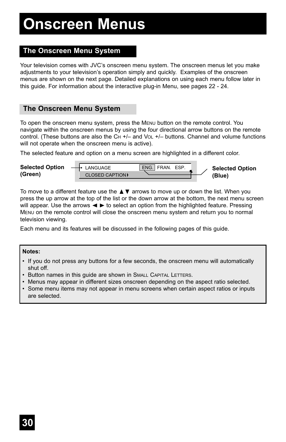 Onscreen menus, The onscreen menu system | JVC AV-48WP55 User Manual | Page 30 / 72
