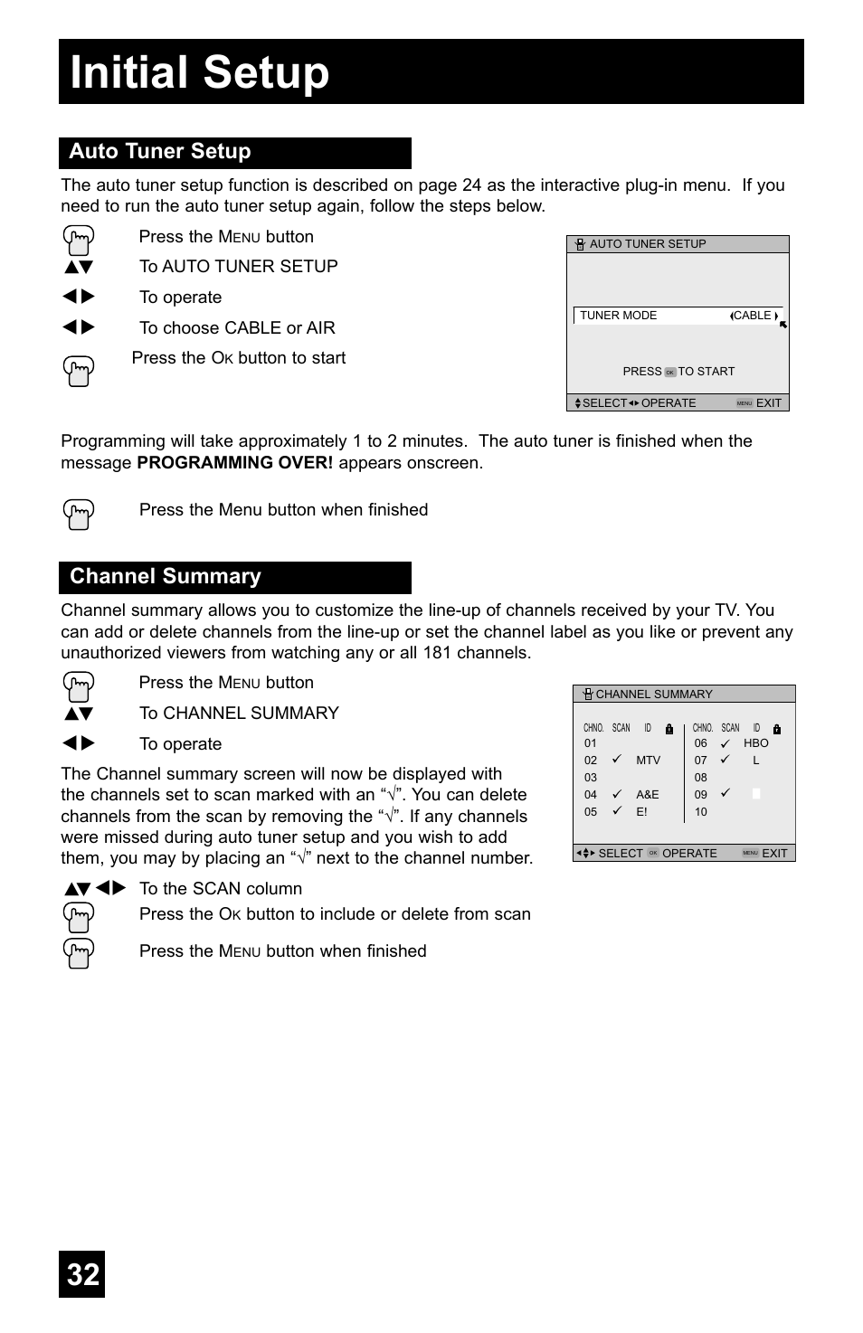 Initial setup, Auto tuner setup, Channel summary | JVC AV-48WP55 User Manual | Page 32 / 72