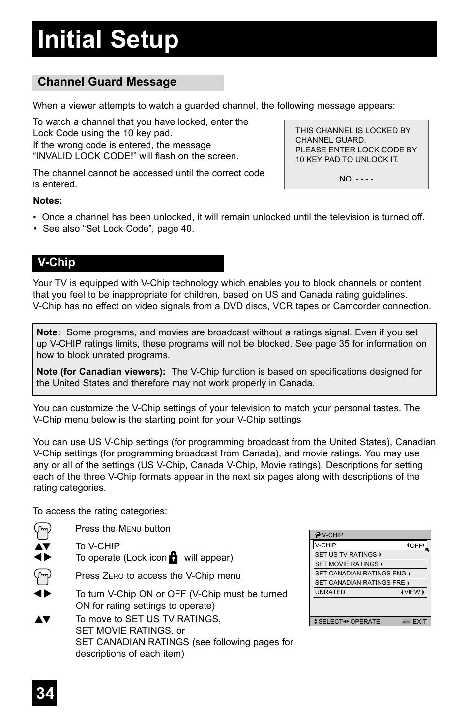Initial setup, Channel guard message, V-chip | JVC AV-48WP55 User Manual | Page 34 / 72