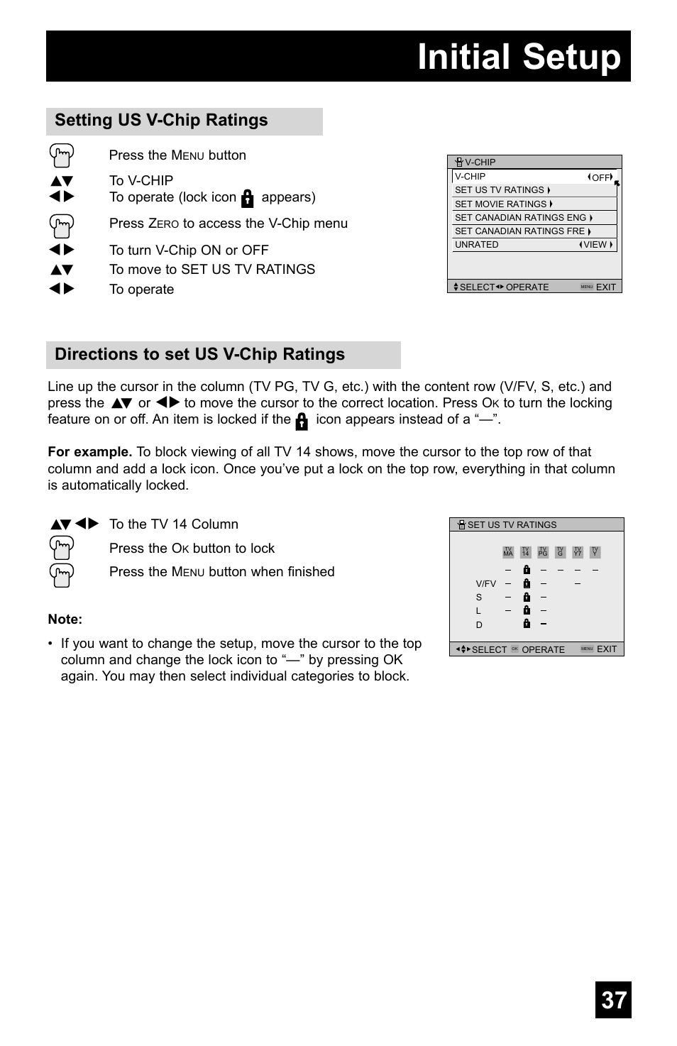 Initial setup, Directions to set us v-chip ratings, Setting us v-chip ratings | JVC AV-48WP55 User Manual | Page 37 / 72