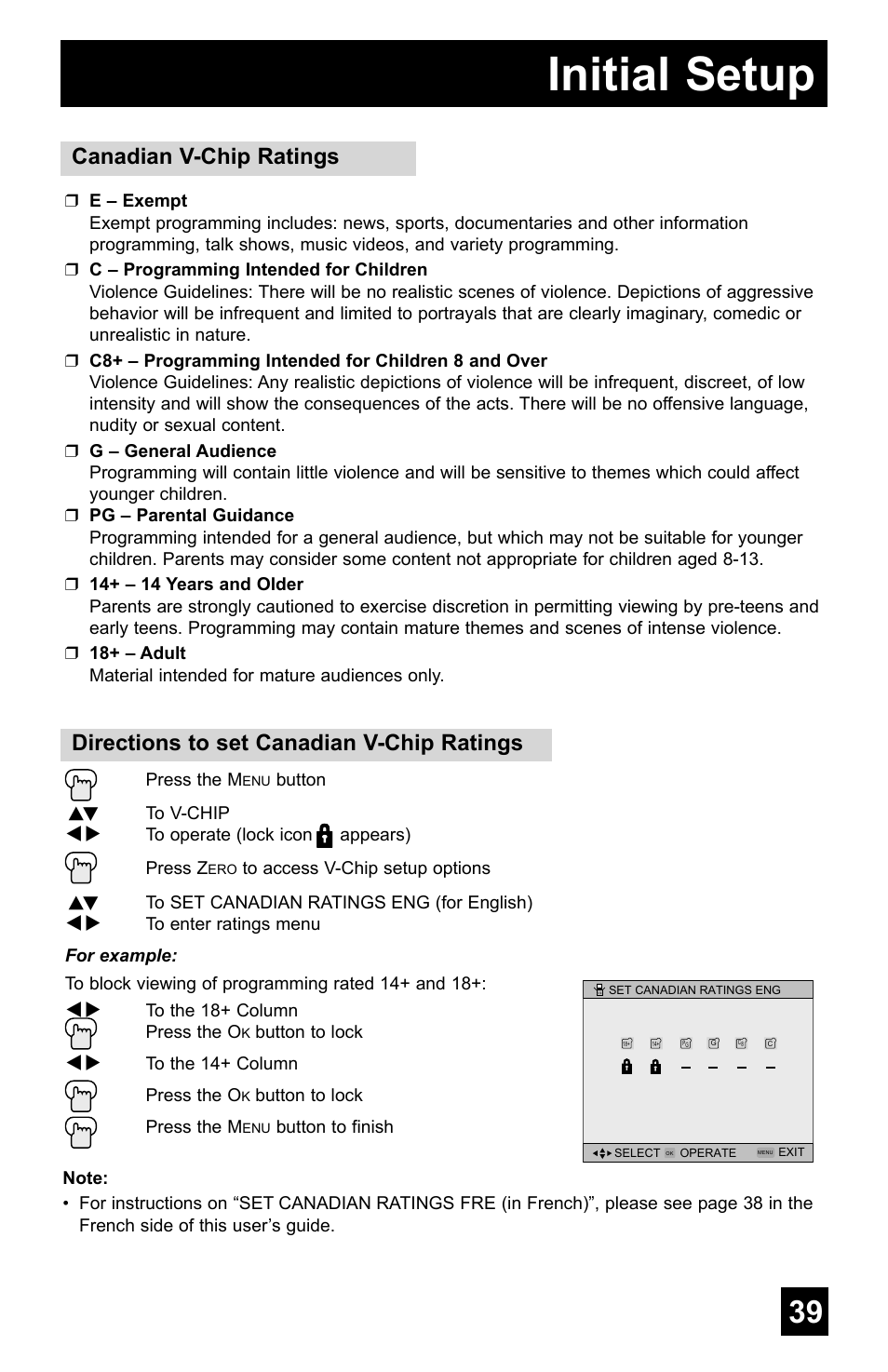 Initial setup, Directions to set canadian v-chip ratings, Canadian v-chip ratings | JVC AV-48WP55 User Manual | Page 39 / 72