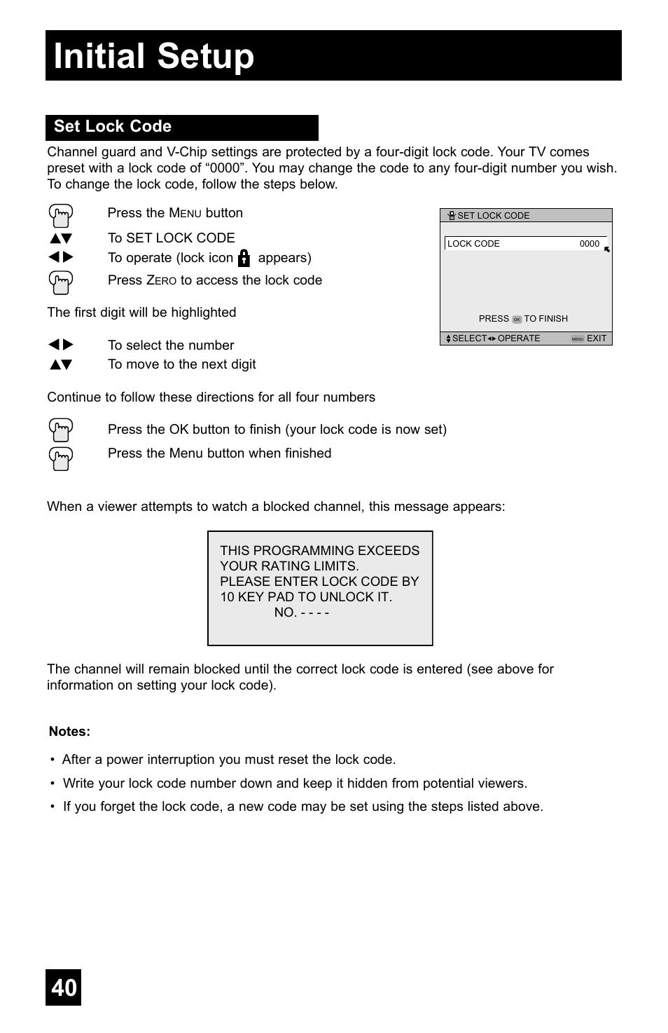Initial setup, Set lock code | JVC AV-48WP55 User Manual | Page 40 / 72