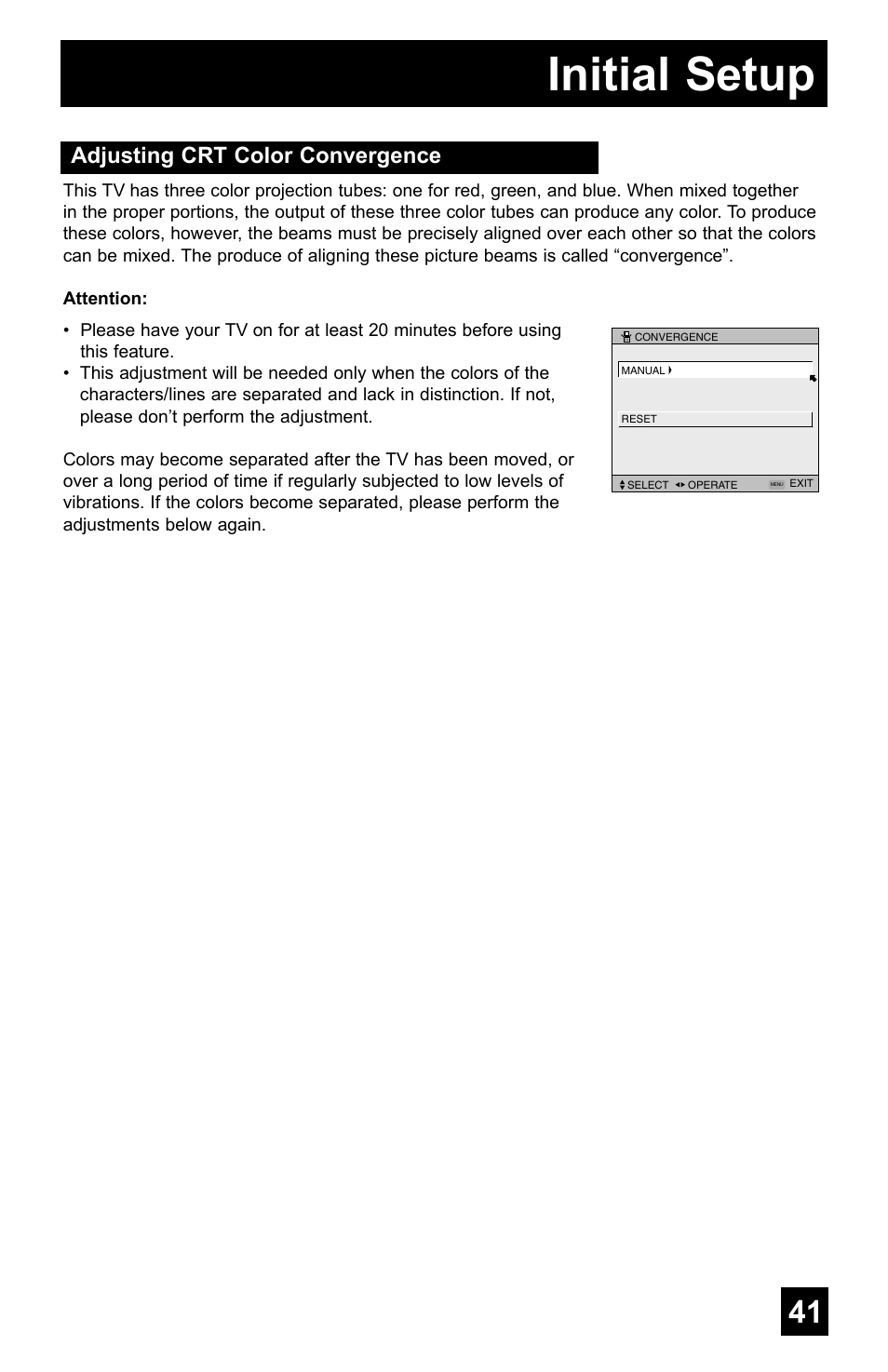 Initial setup, Adjusting crt color convergence | JVC AV-48WP55 User Manual | Page 41 / 72
